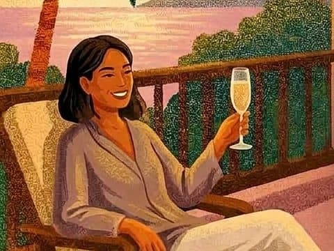 Ilustración de una huésped sonriente en un camastro de la terraza con una copa de vino espumoso, su maleta al lado, y palmeras y la bahía detrás