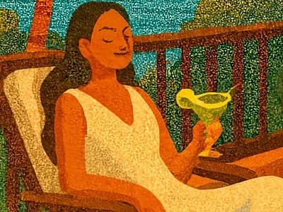 Ilustración de una huésped con vestido blanco descansando en un camastro de la terraza con una margarita, con los ojos cerrados, y palmeras y el mar detrás